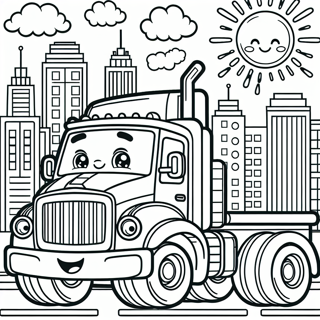 Color sheet, color page featuring a smiling truck driving in a city