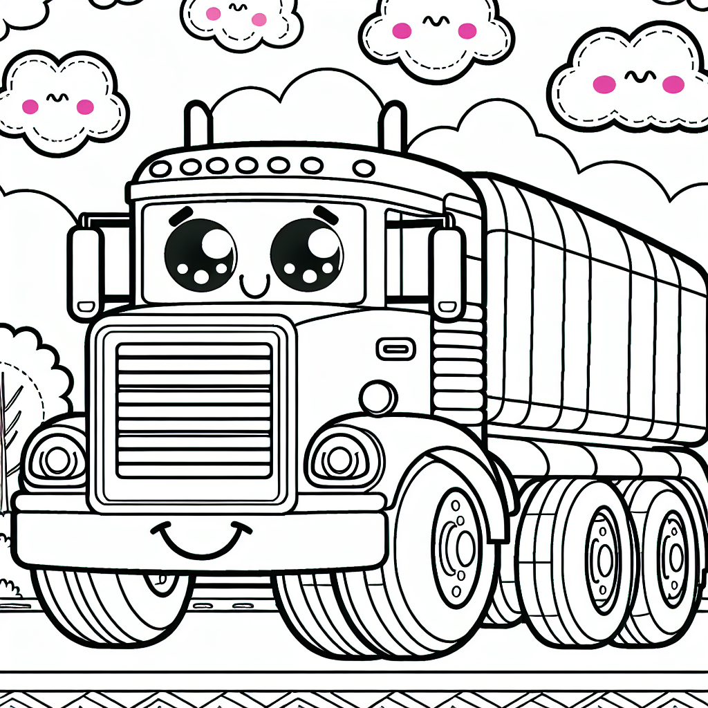 color sheet featuring a happy cartoon truck with smiling clouds background