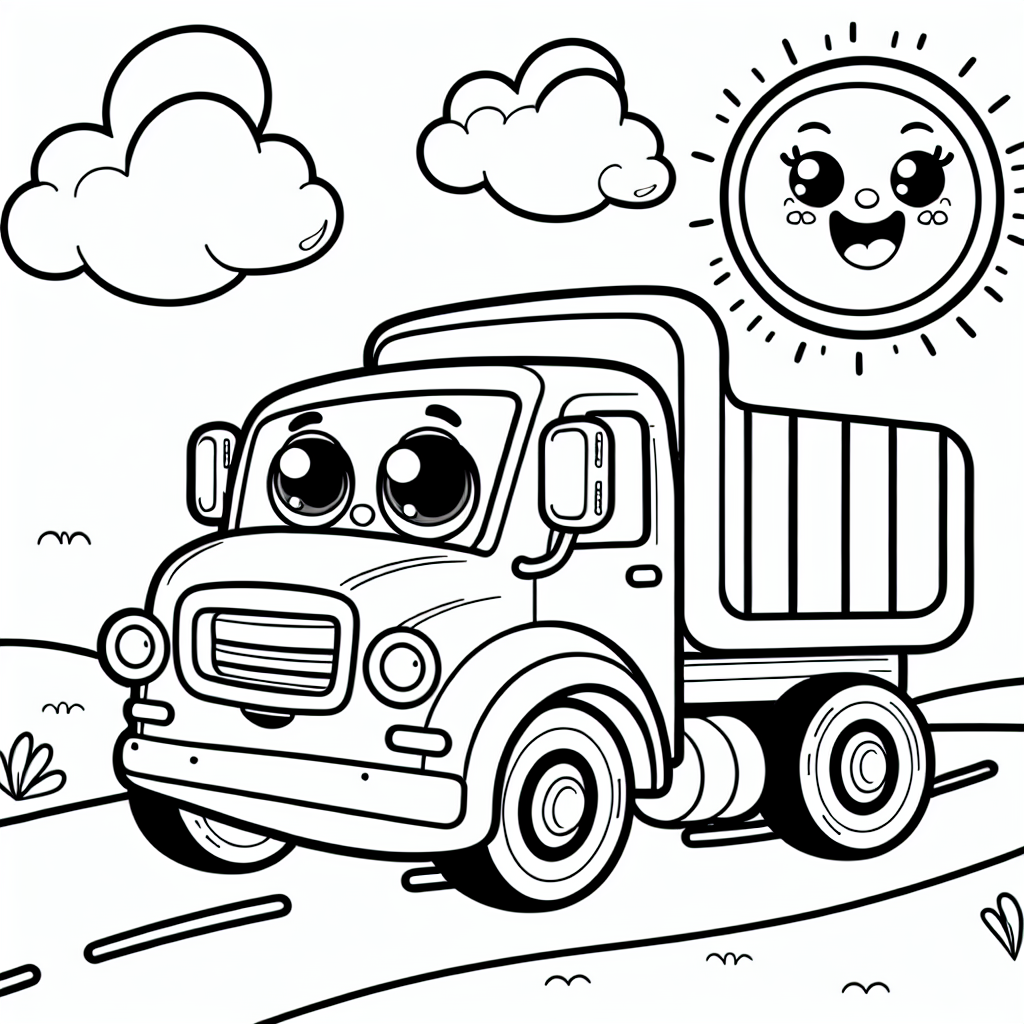 Cheerful cartoon dump truck color sheet for kids