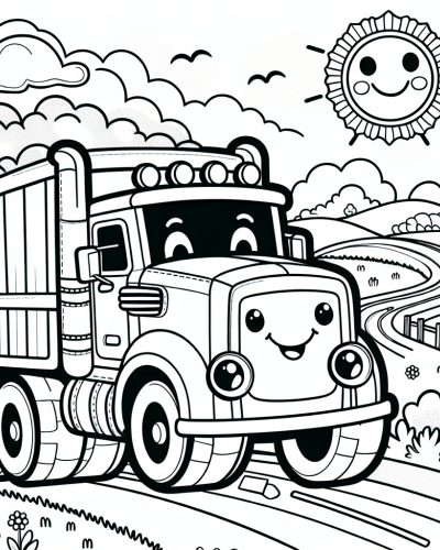 A happy truck driving on a road color sheet, perfect color page for kids