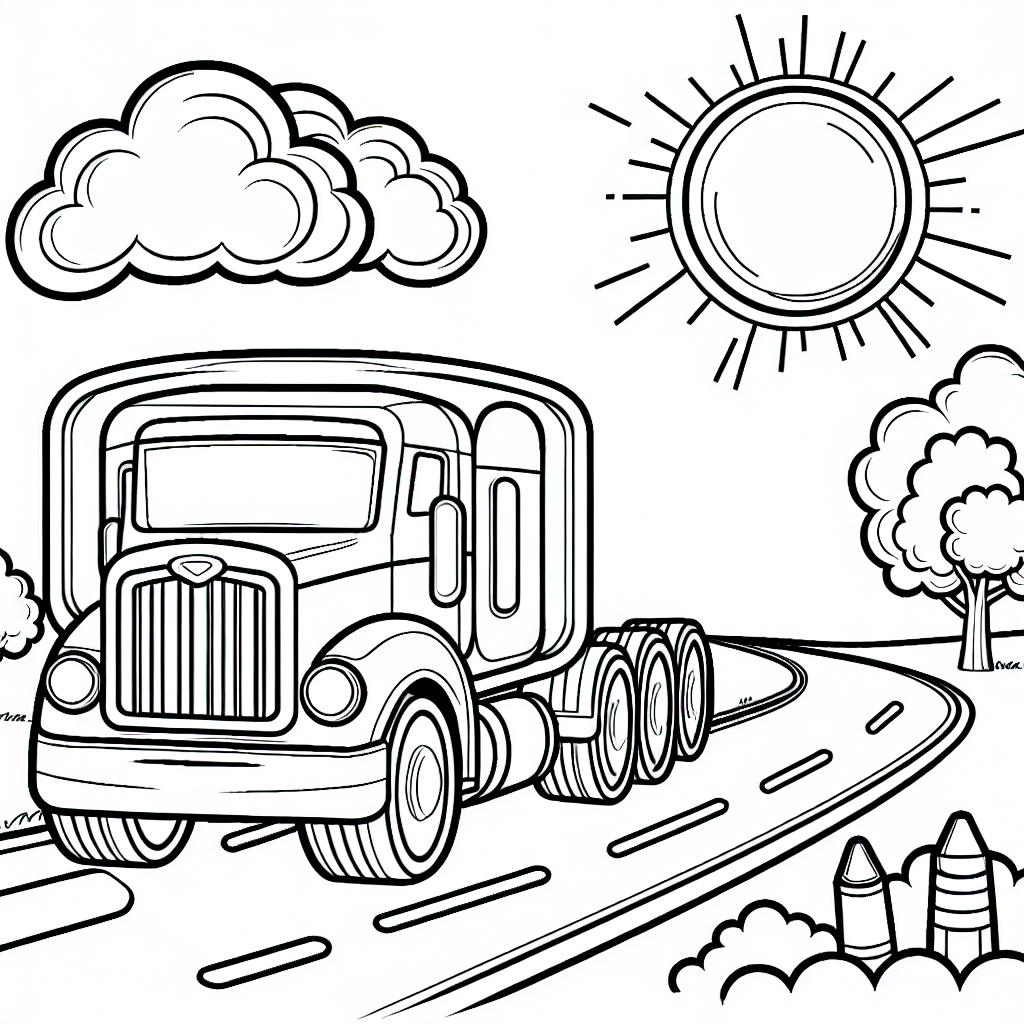 Color sheet of a truck driving on a winding road for kids