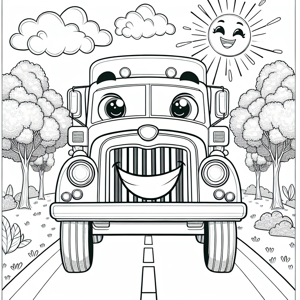 Color sheet featuring a smiling truck on a sunny day with trees