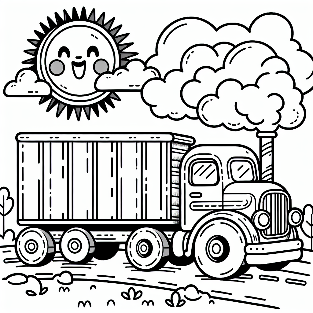 Happy truck driving on a road with smiling sun and clouds - color page, color sheet for kids