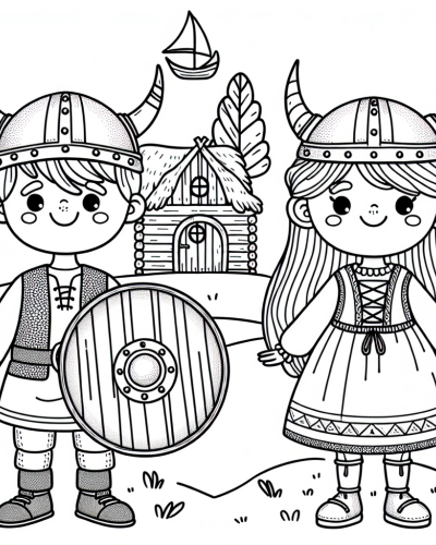Charming Viking characters color sheet for kids, perfect for a fun and educational coloring activity.