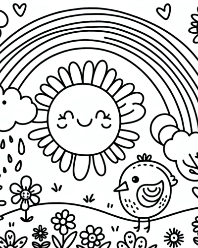 Beautiful nature color sheet featuring a smiling sun, rainbow, bird, and flowers