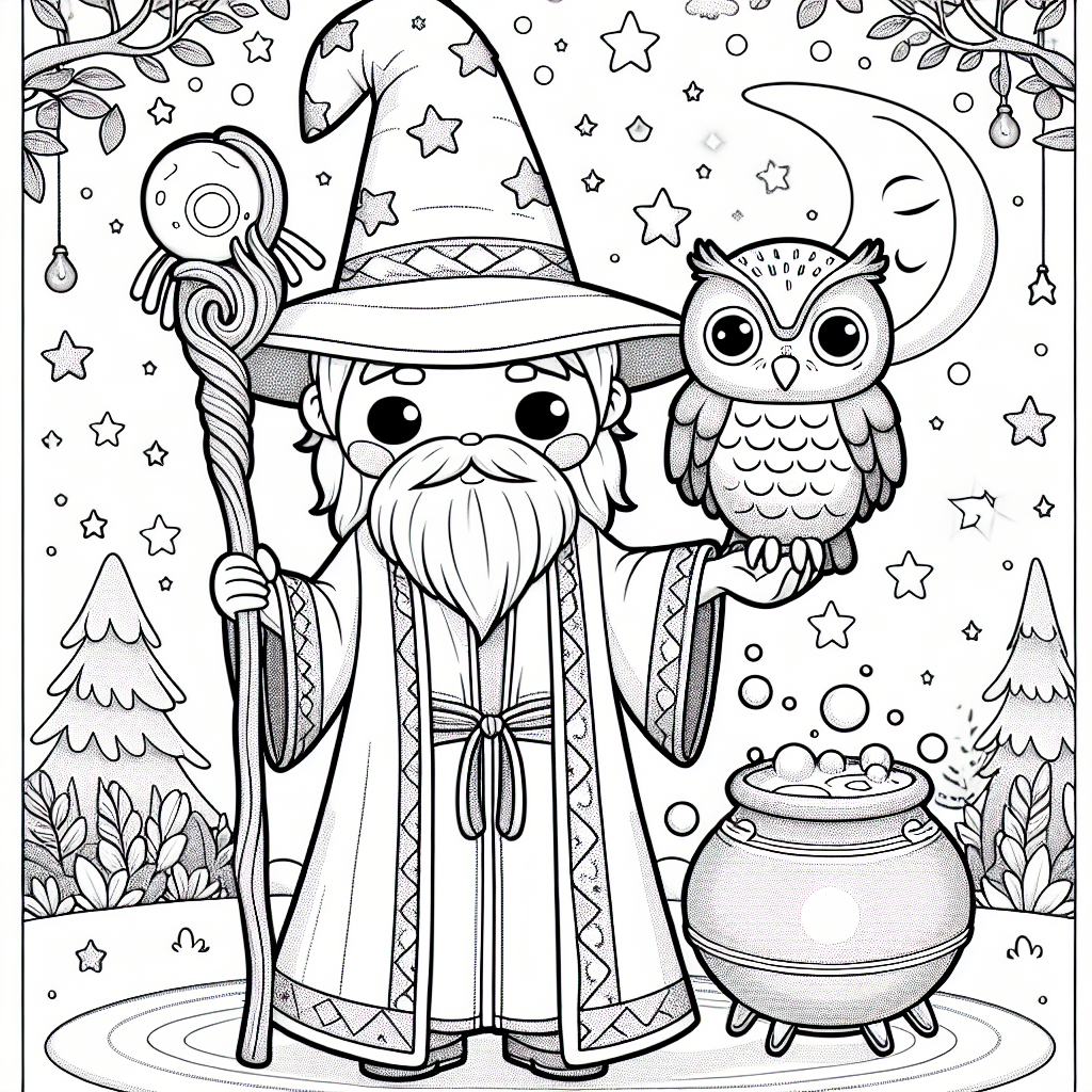 Magical wizard color sheet with an owl and cauldron in a forest scene for kids