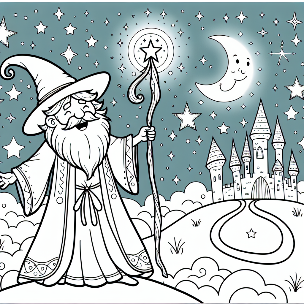 Magical wizard color sheet with castle and stars, perfect color page for kids