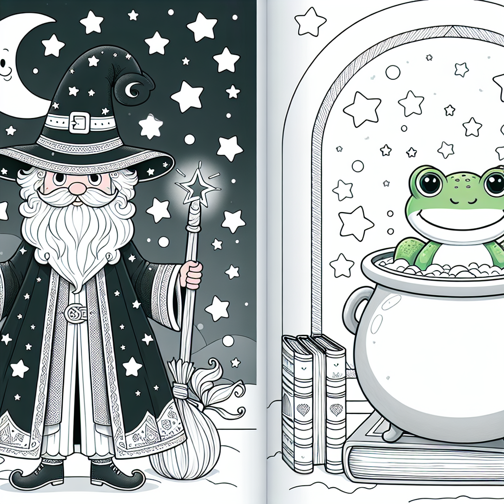Magical wizard and smiling frog color sheet, color page for kids