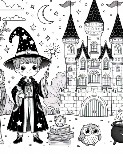 Color sheet featuring a wizard child casting a spell with owls, a castle, and a cauldron