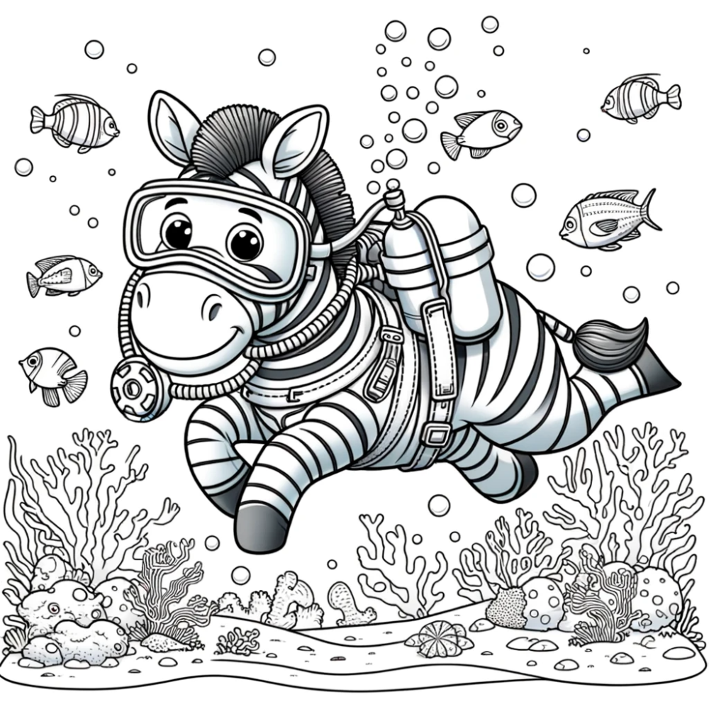 Coloring Page: Underwater Zebra Adventure - Scuba Diving Color Page for ...